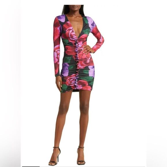 AFRM Phillipa Floral Print Ruched Long Sleeve Body-Con Dress in Oversized Bloom - Picture 1 of 8
